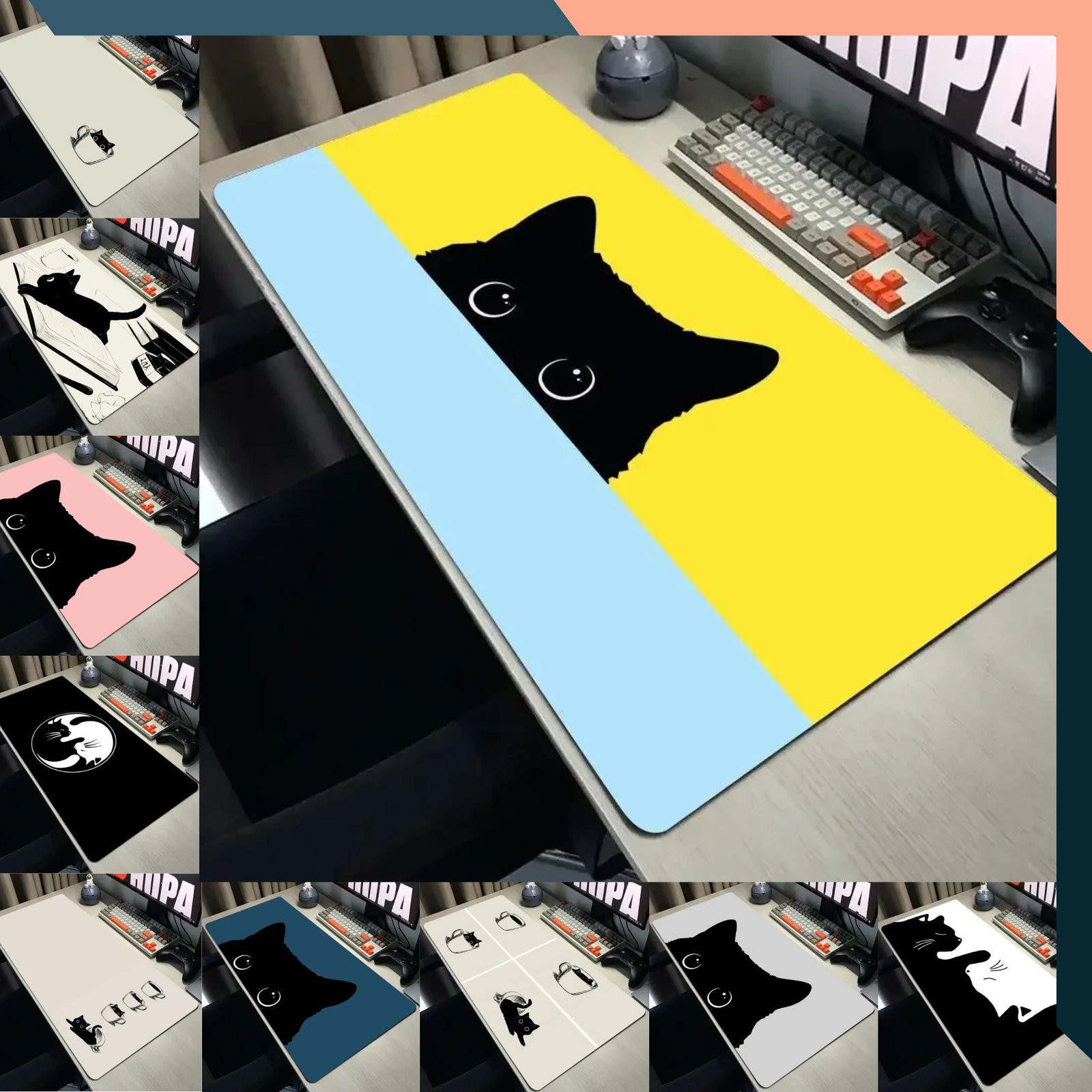 Black cat design on colourful mouse pad XXL Cat Gaming Mouse Pad Cute Black Cat Large Desk Mat Non Slip