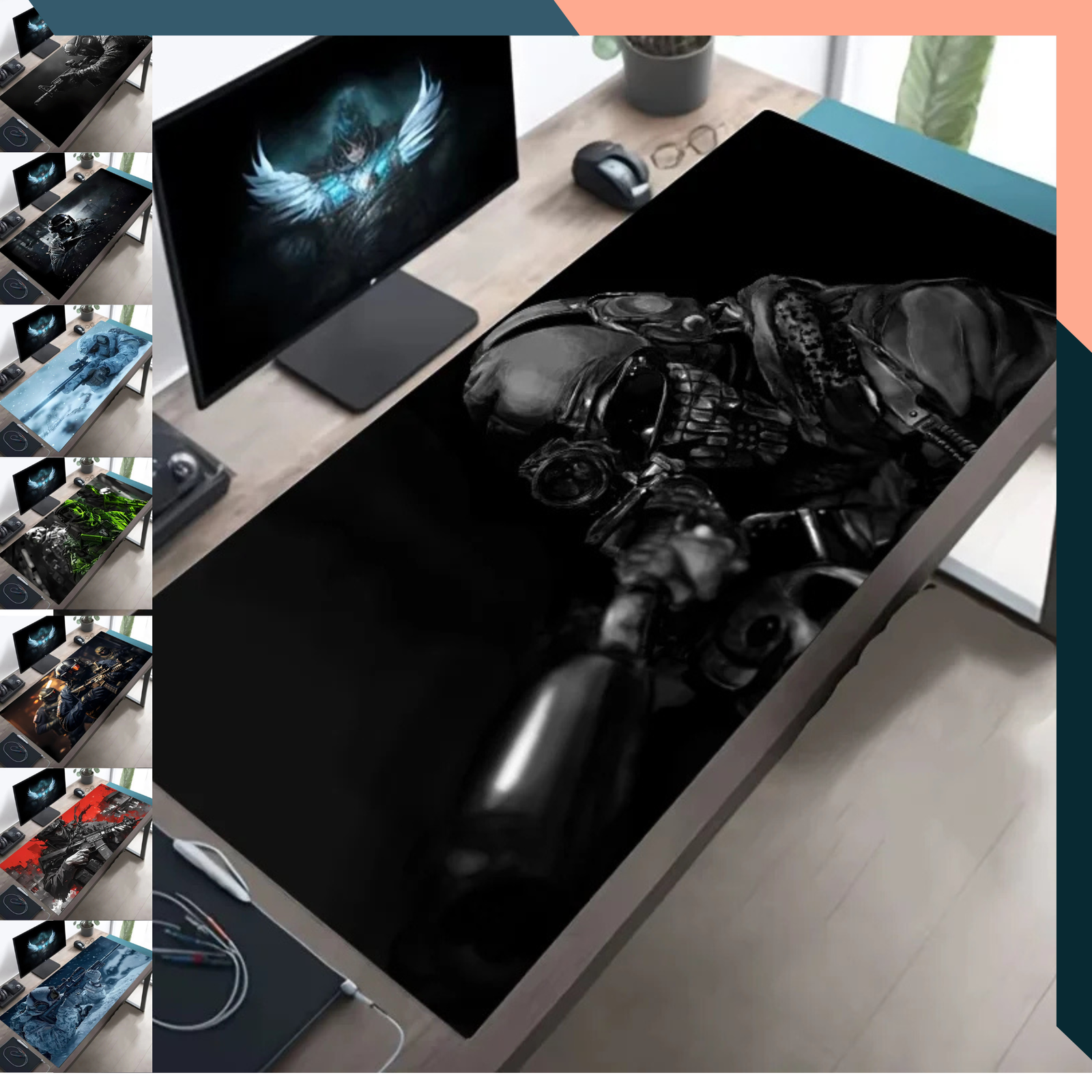 Dark tactical soldier design on desk XXL Gaming Mouse Pad Tactical Soldier Non-Slip Desk Mat Stitched Edges