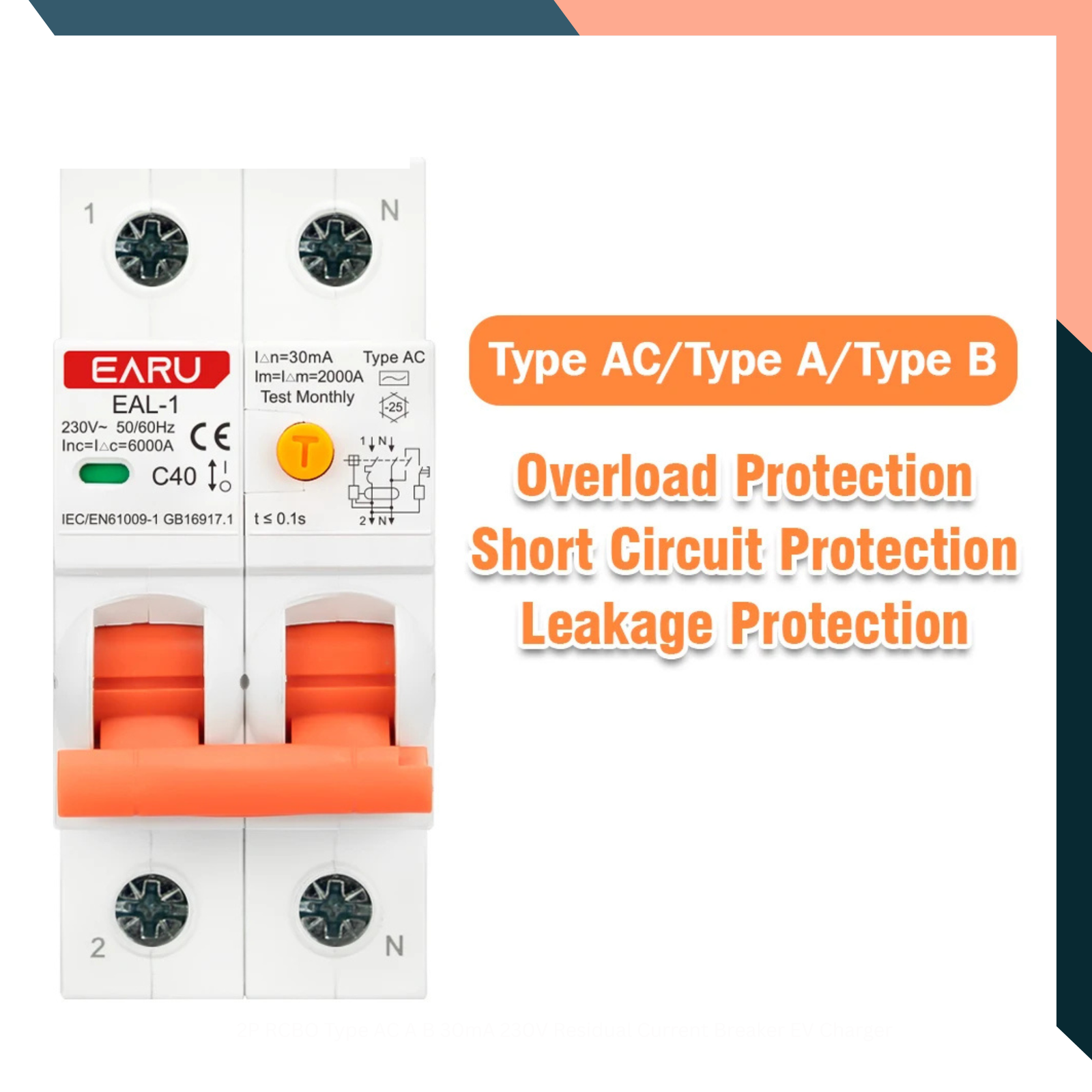 2P RCBO Type AC A B 30mA 230V Residual Current Breaker EV Charger