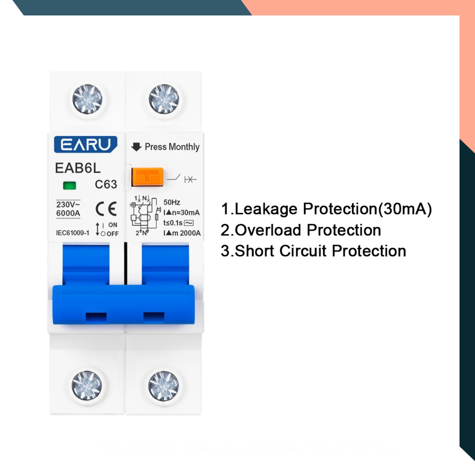2P Type C RCBO 230V 30mA Leakage Circuit Breaker Overload Short Circuit