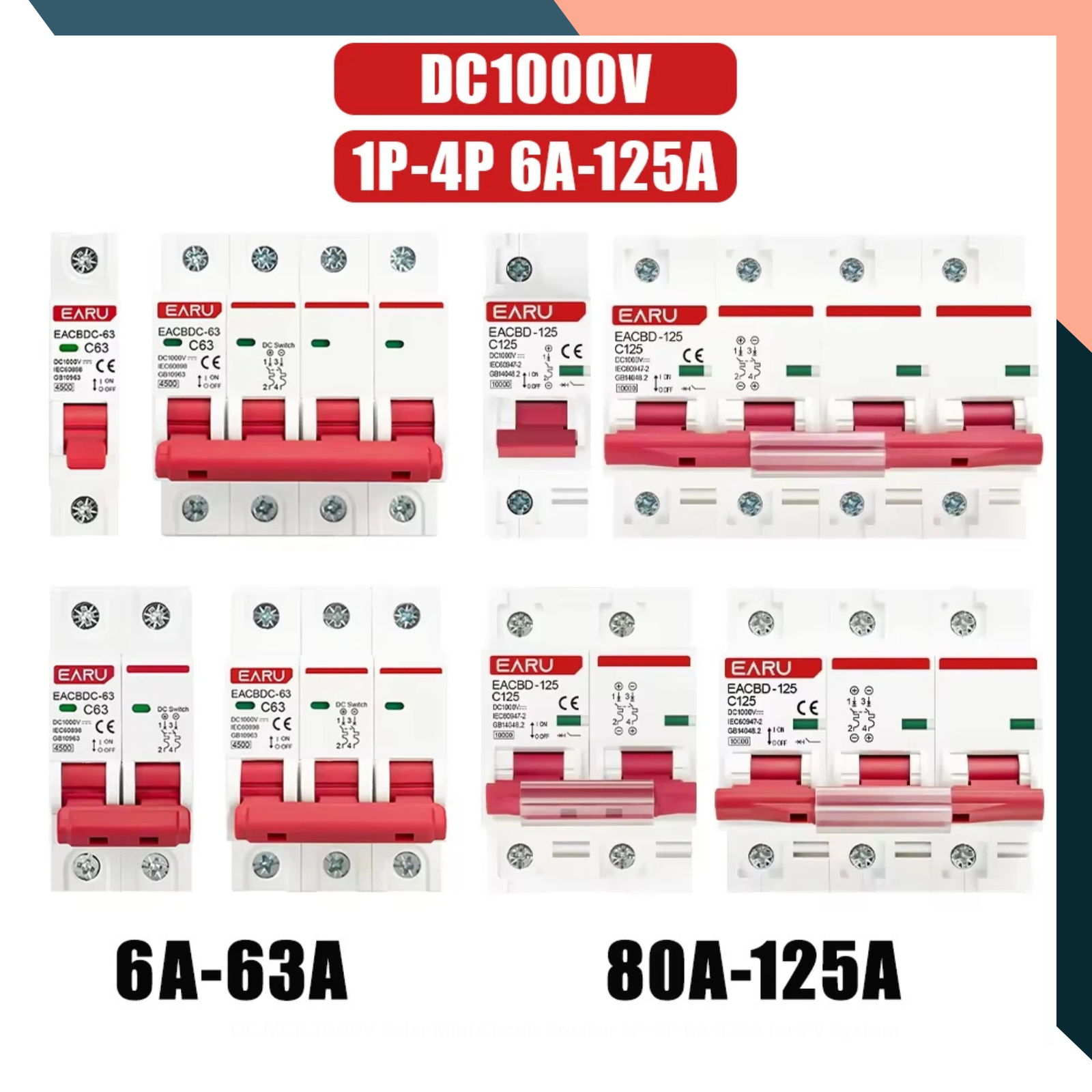 DC MCB 1000V Solar Mini Circuit Breaker 1P–4P 6A–125A for PV System