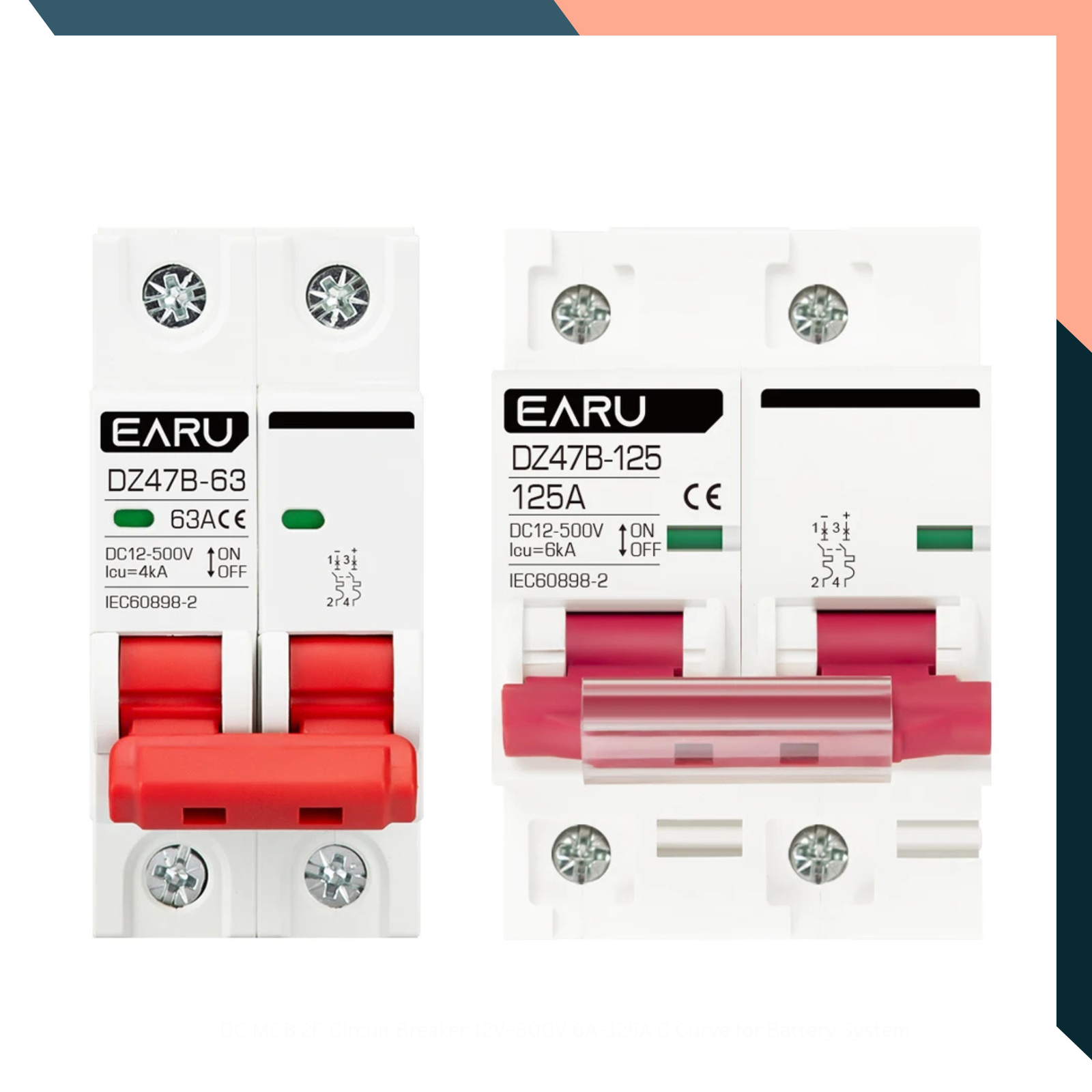 DC MCB 2P Circuit Breaker 12V–500V 6A–125A C Curve for Battery System