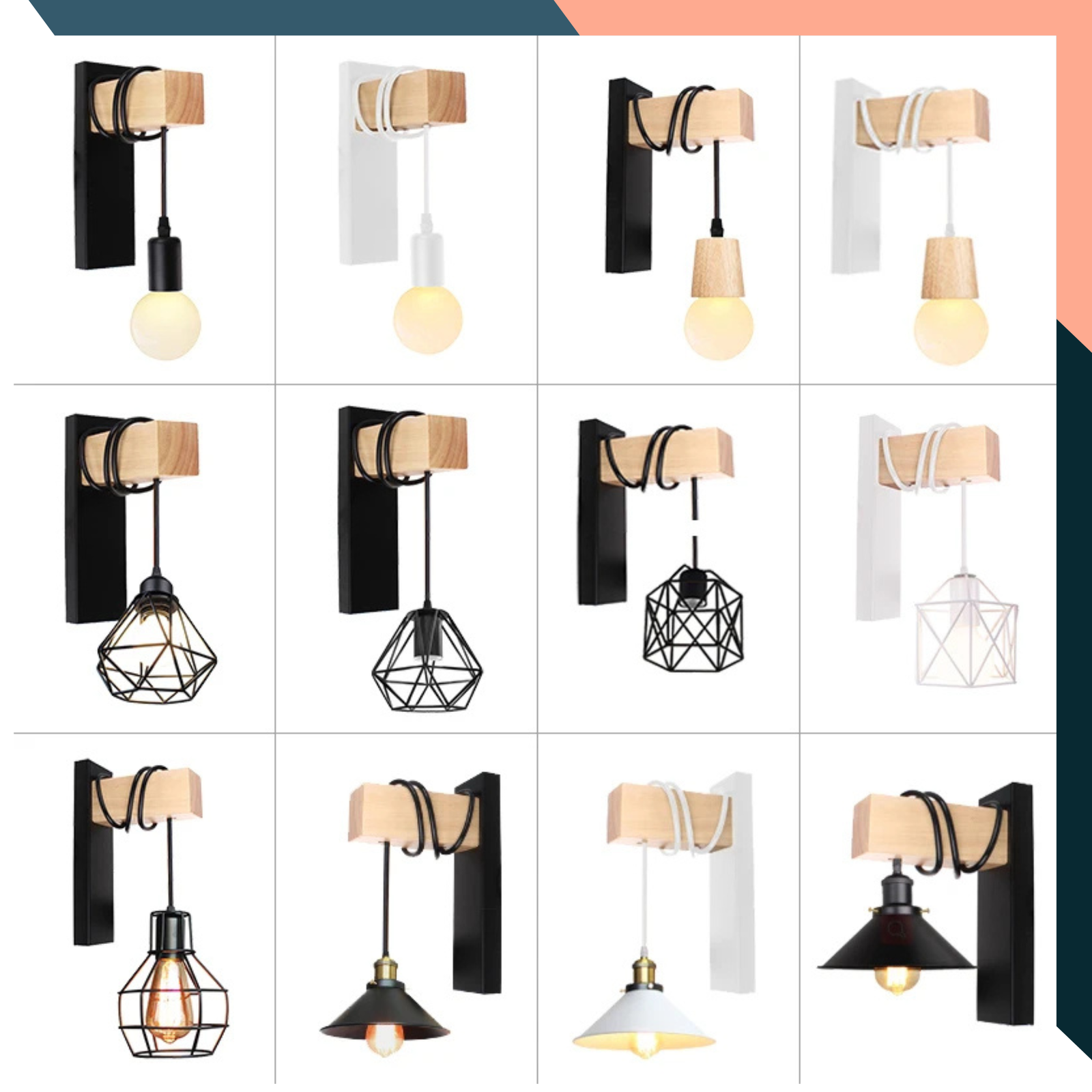 Nordic Geometric Hanging Wall Light E27 Wood Iron Sconce for Bedroom