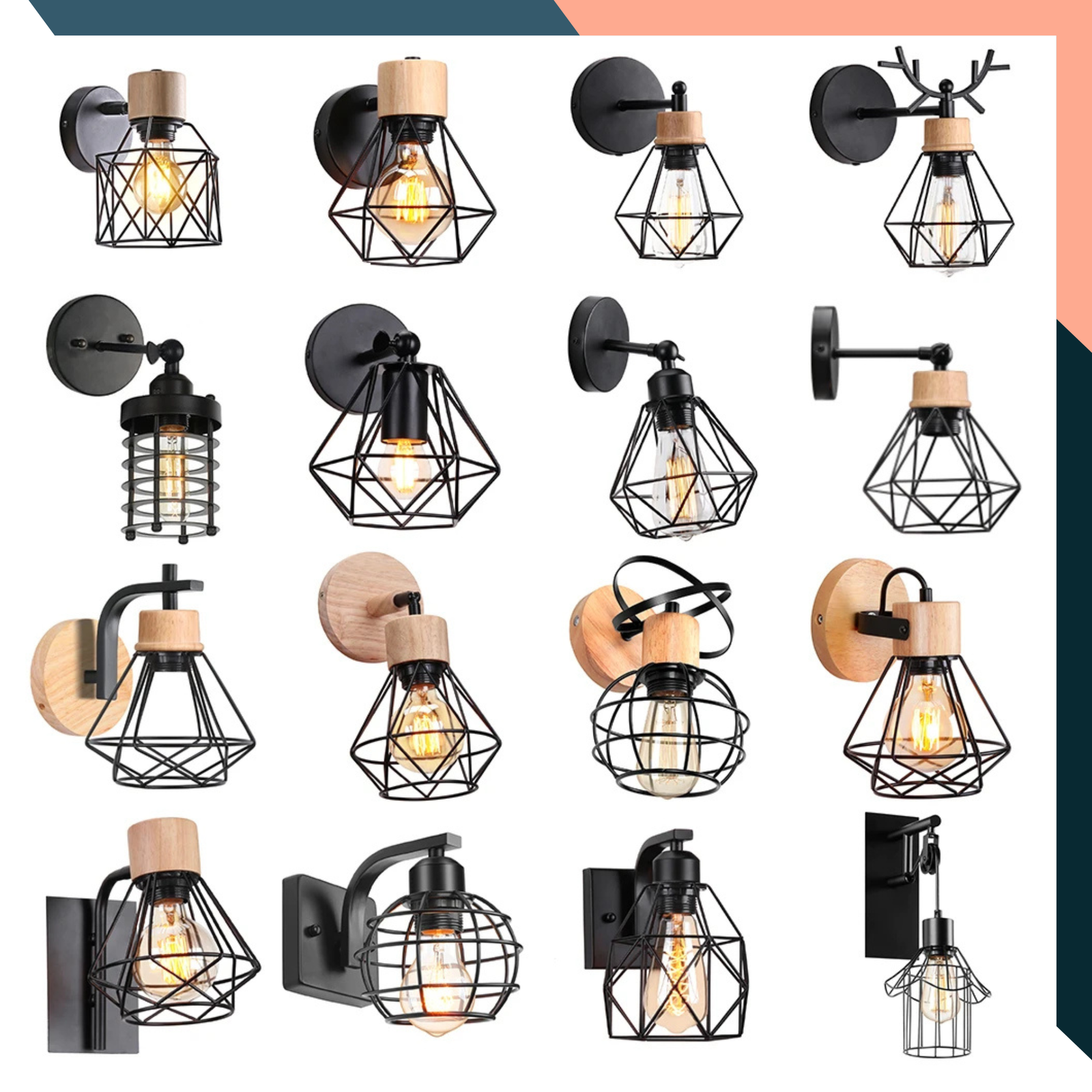 Vintage Industrial Wall Light E27 Iron Wood Black Cage Sconce for Bedroom