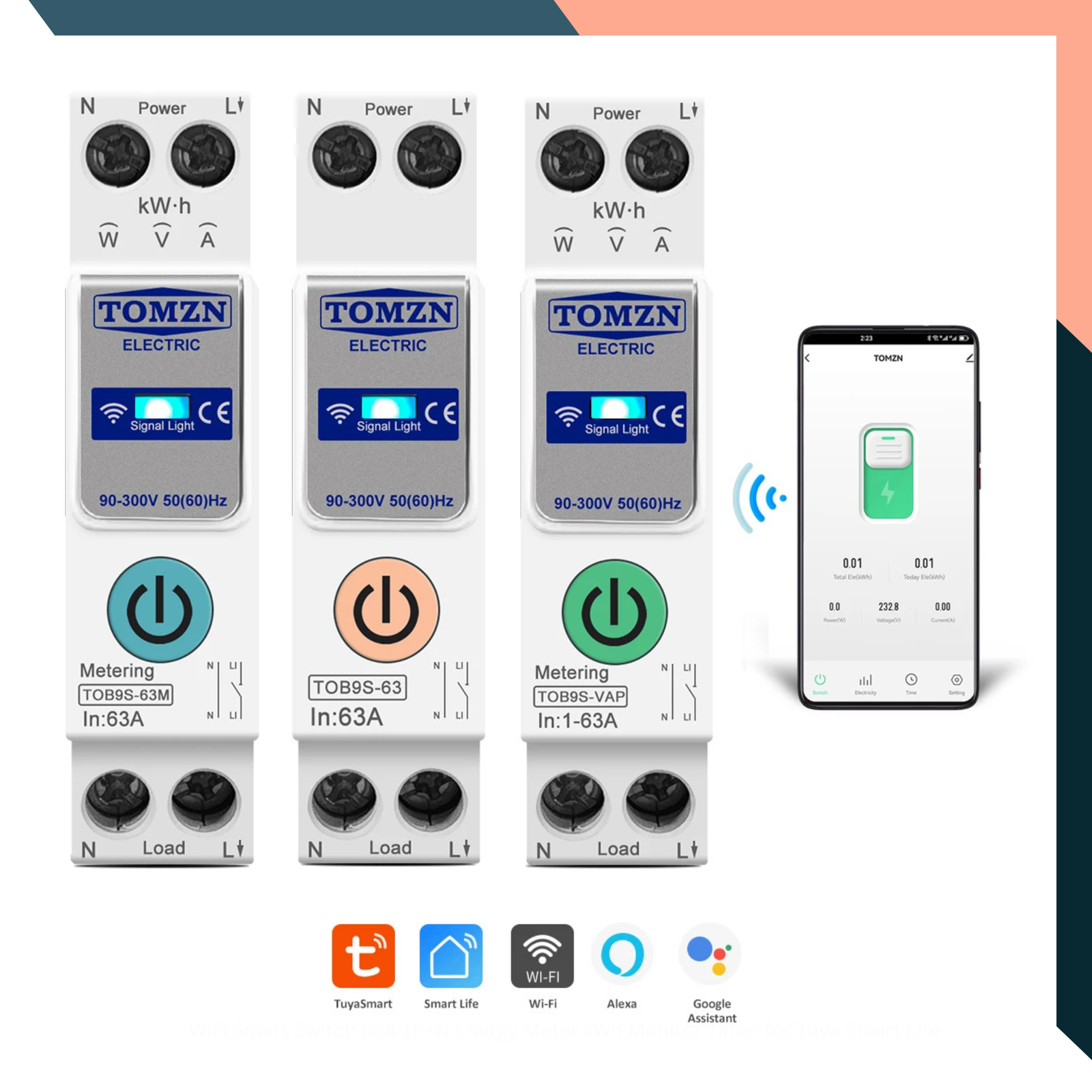 WiFi Smart Switch 63A 1P+N Energy Meter kWh Monitor Timer for Tuya Smart Life