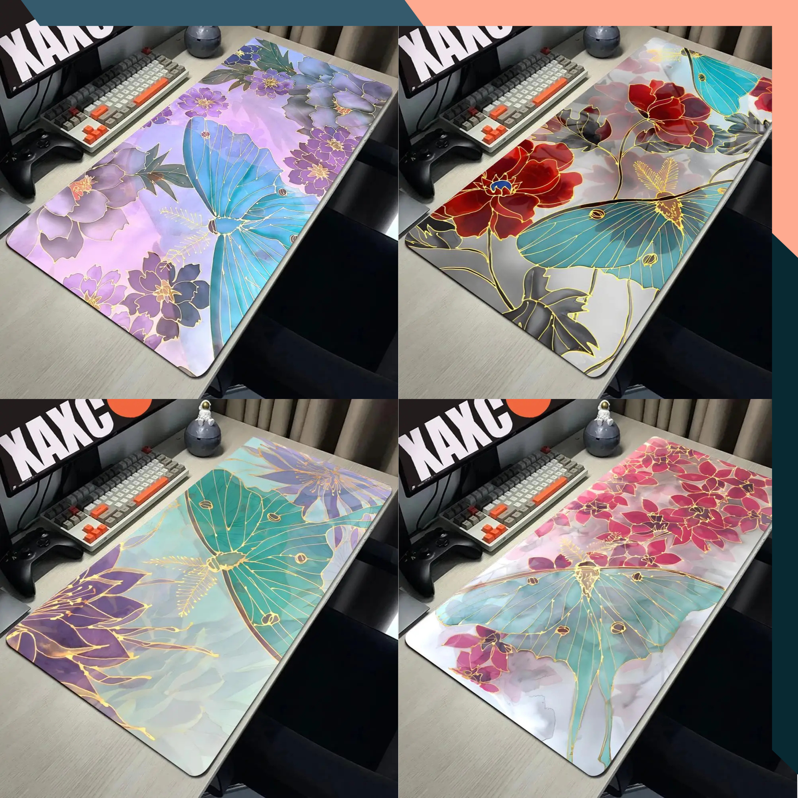 Pink Butterfly Floral Gaming Desk Mat XXL 900x400 Non Slip Rubber