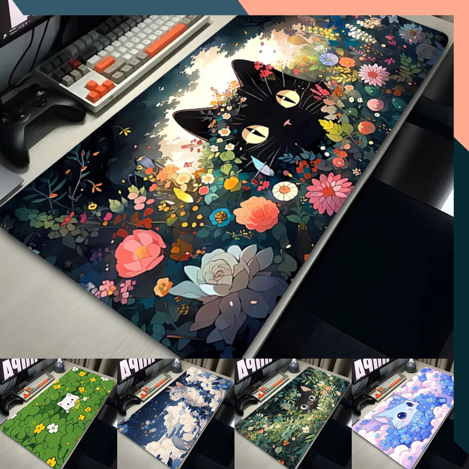 Black Cat Floral Gaming Mouse Pad XL XXL Desk Mat Non Slip Rubber