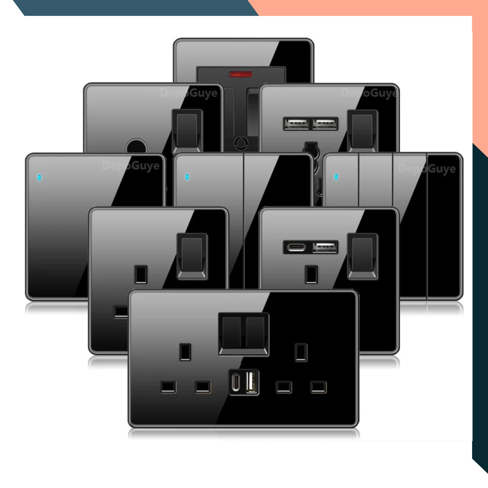 Black USB C Wall Socket 18W Fast Charge UK Plug Double Socket 13A 220V