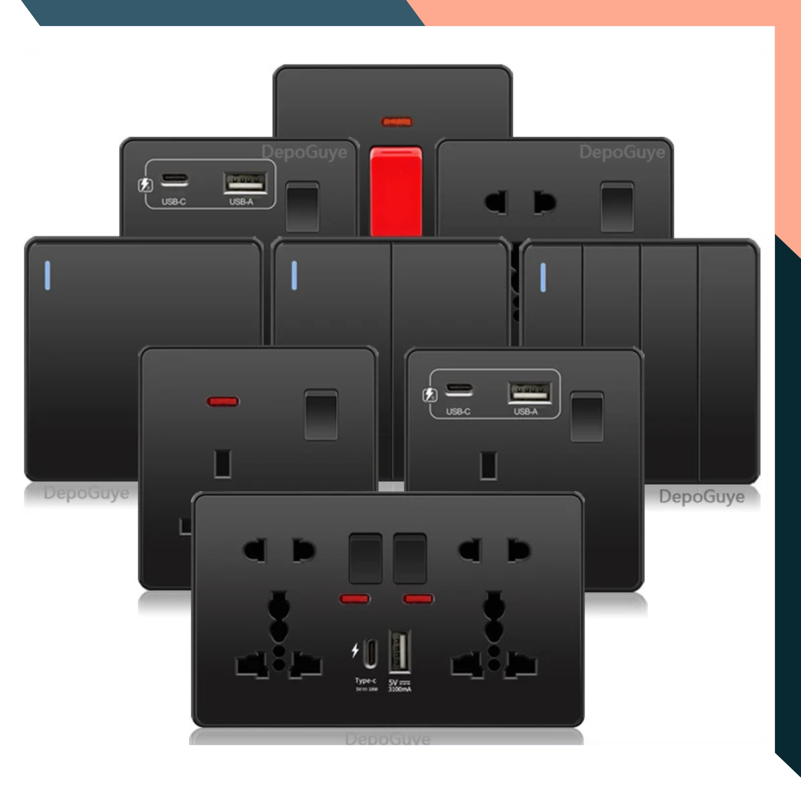 Black USB C Wall Socket 18W Fast Charge UK Plug Double Socket 13A 220V