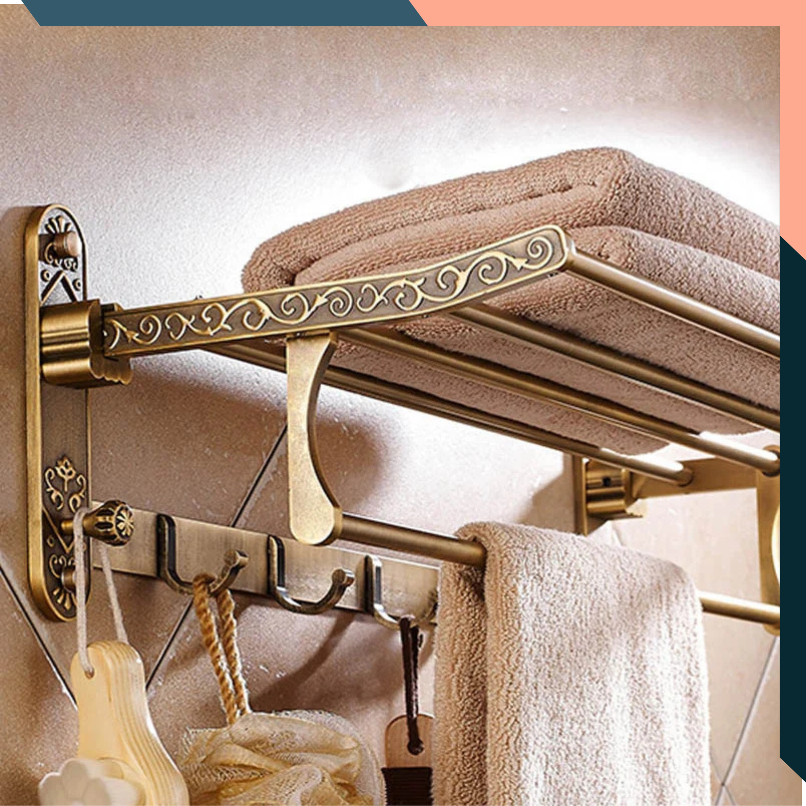 Foldable Towel Rack Antique Brass Wall Mounted Shelf Double Rail Hooks