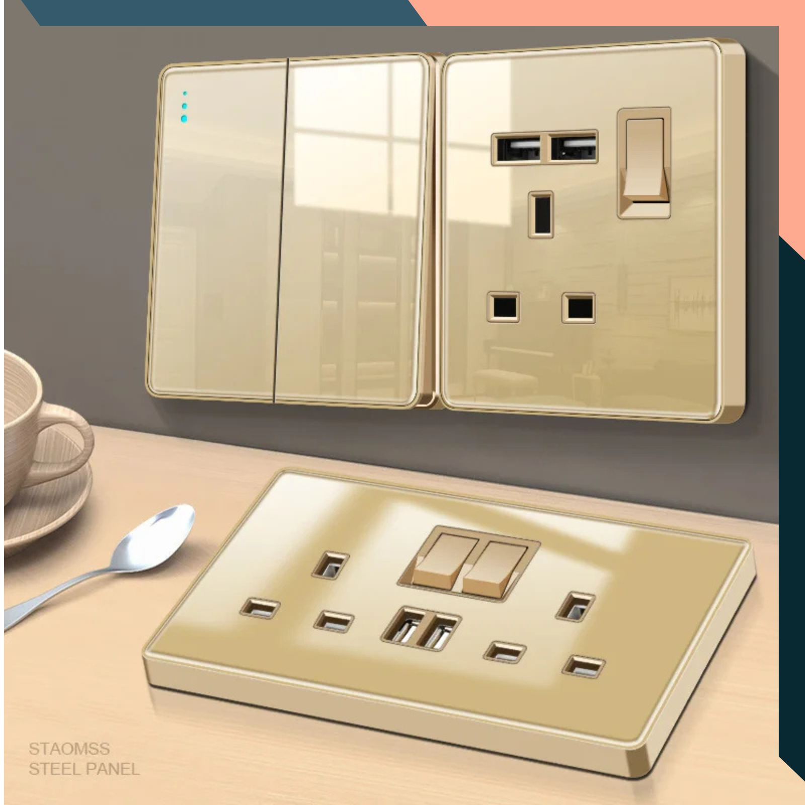 Gold Glass Wall Switch USB Socket UK 13A 2 Gang 2 Way Dimmer 220V