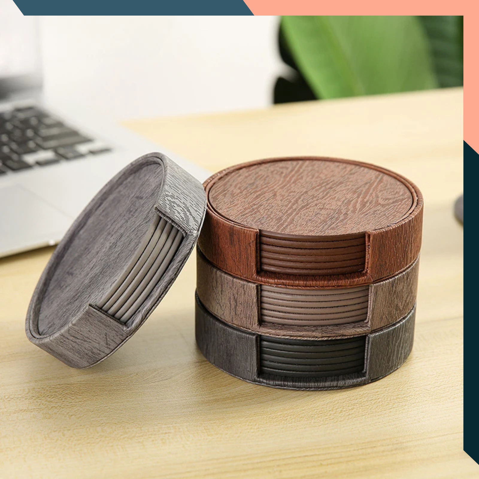 Leather Coasters Set of 6 Wood Grain Drink Cup Table Coasters Non Slip