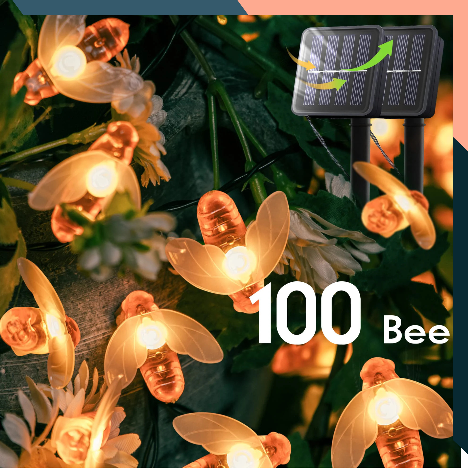 Solar Bee Fairy Lights Outdoor 100 LED Garden String Lights Waterproof