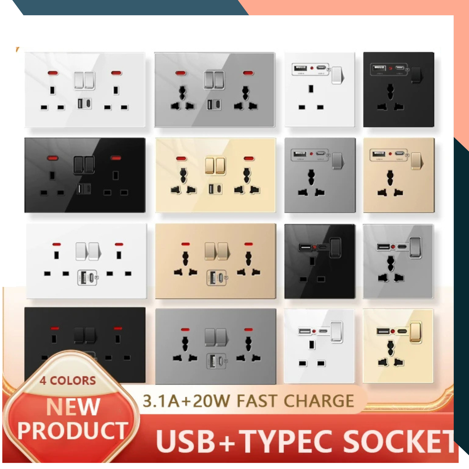 USB C Wall Socket 20W Fast Charge UK Plug Dual Switch 13A Outlet