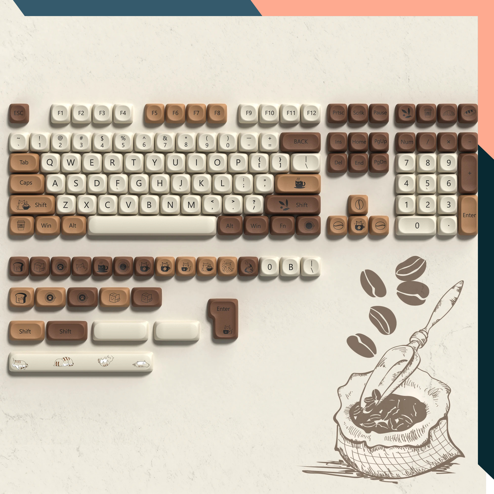 Coffee Cat PBT Keycaps MOA Profile 130 Keys Dye Sub for Cherry MX Keyboard