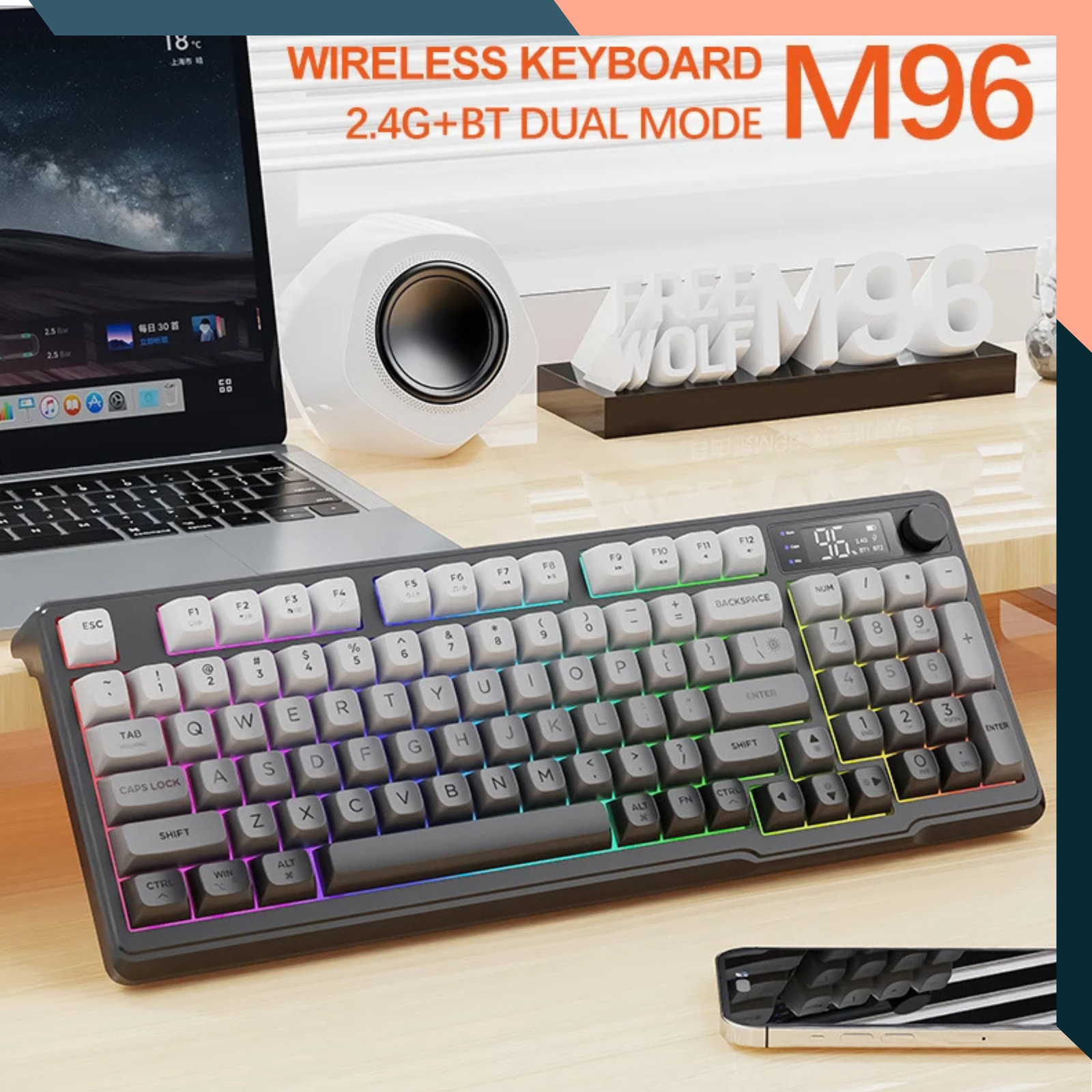 Wireless Gaming Keyboard 96 Keys RGB Smart Screen Bluetooth 2.4G
