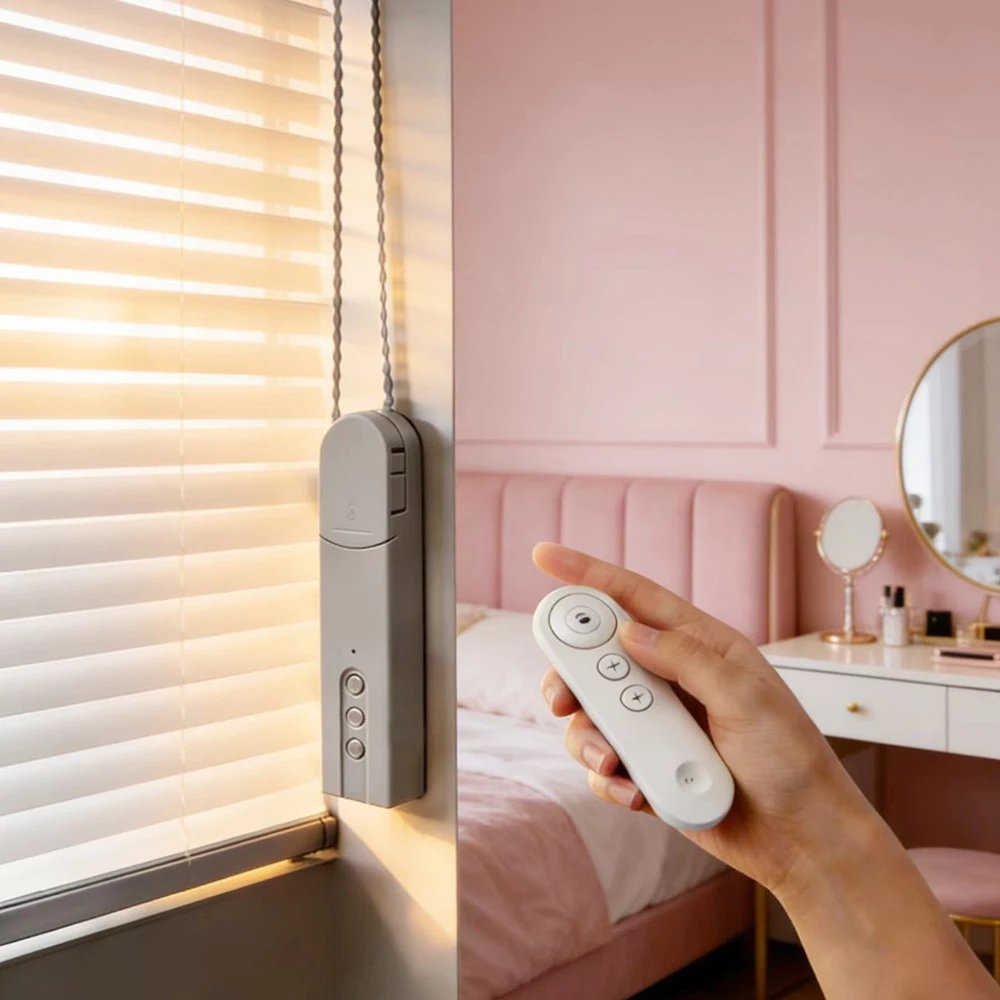 32653-drknp7.jpg Grey smart blind motor fitted to a bedroom blind and operated by remote control