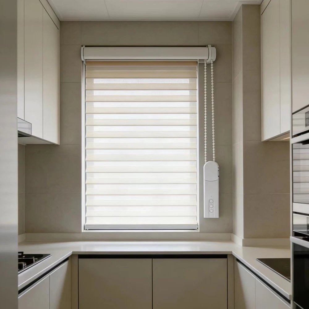 32653-hfbpu0.jpg White smart blind motor installed on a chain-operated kitchen roller blind