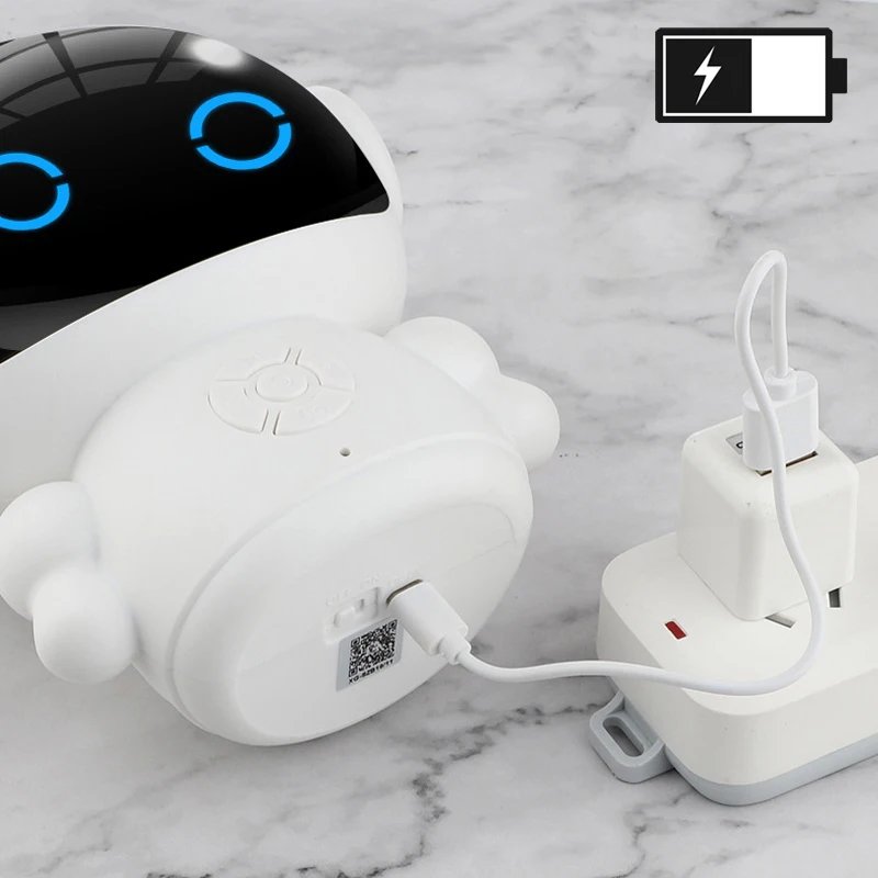 Rechargeable AI voice robot with rounded white housing