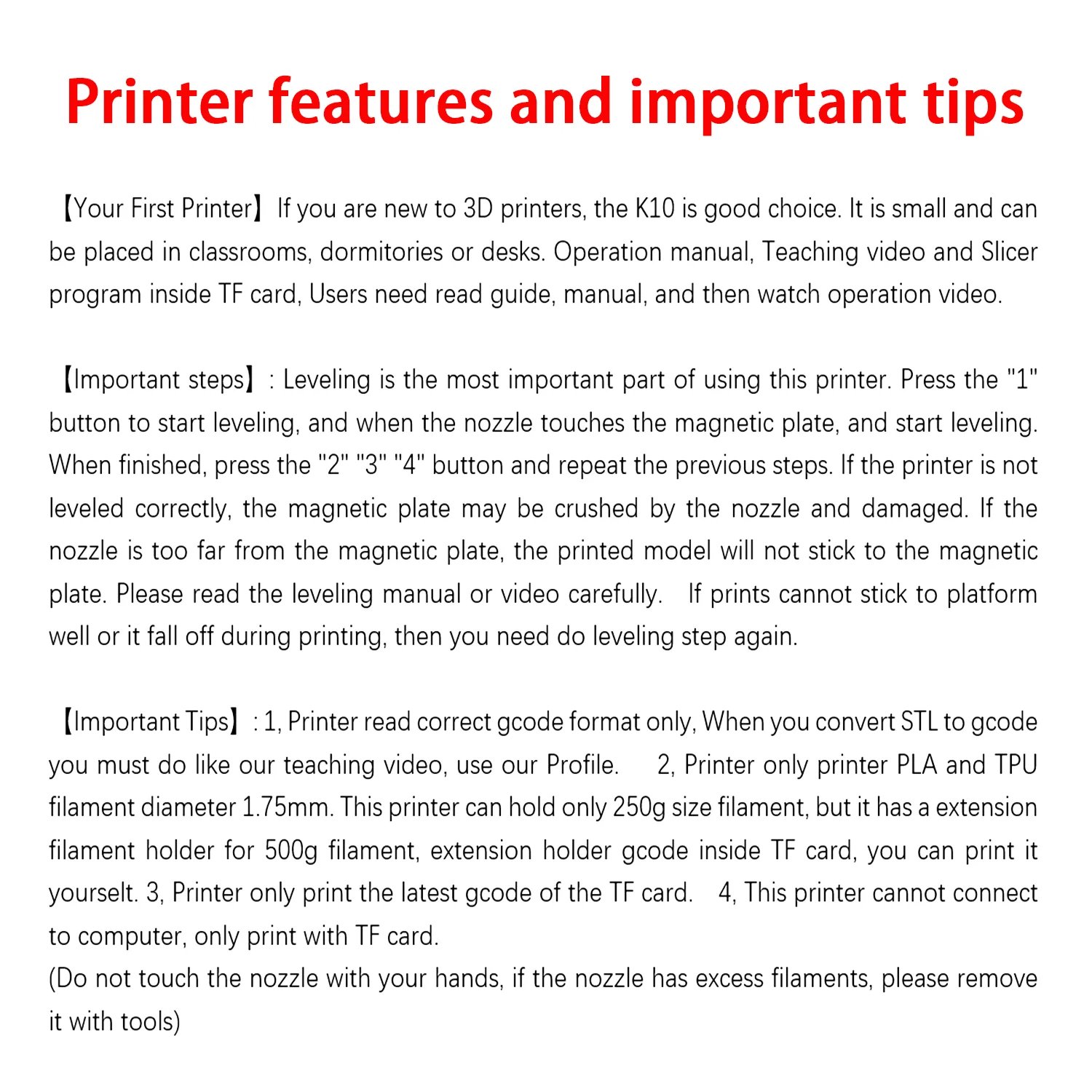 Entry-level printer kit with TF card and filament tools