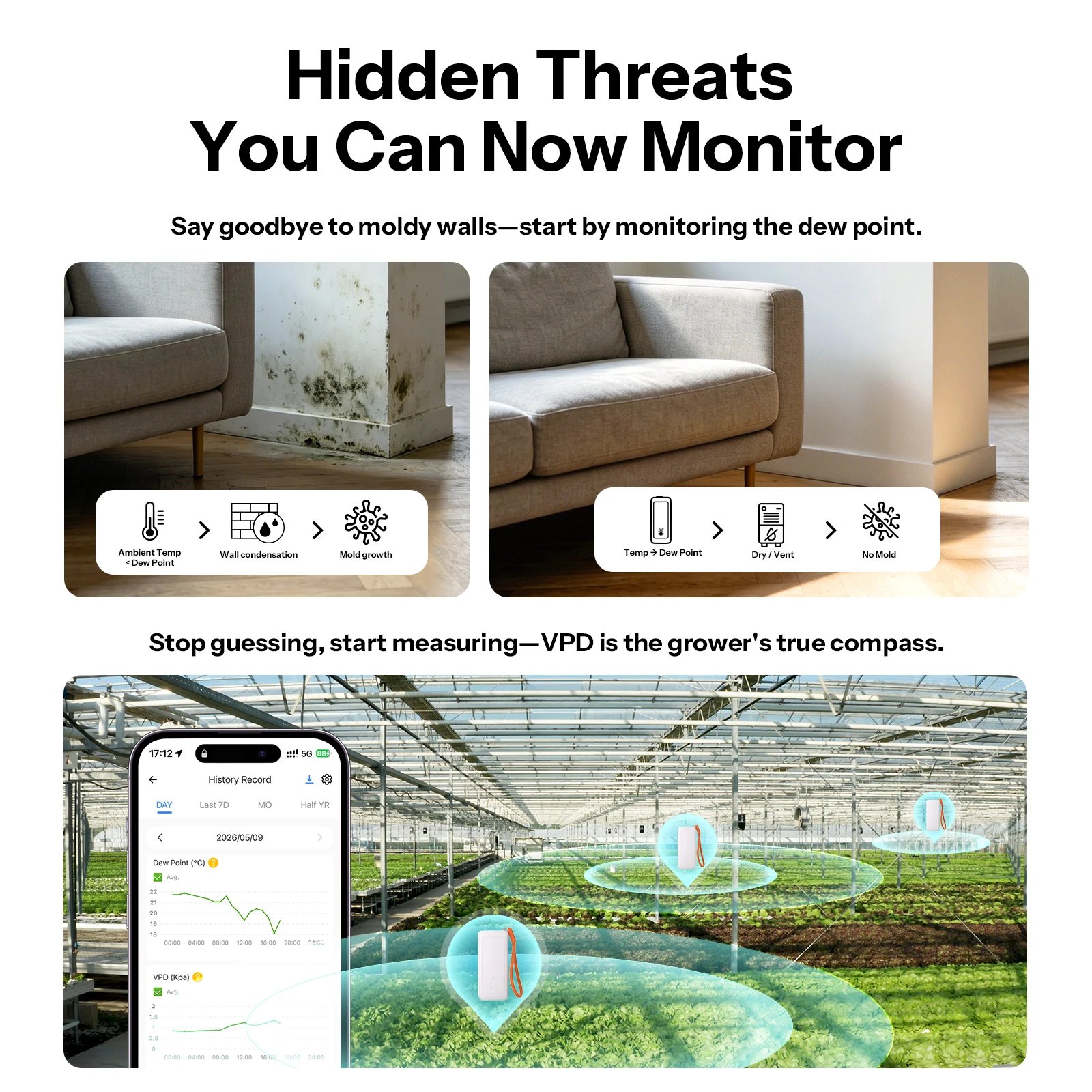 Dew point and VPD monitoring for mould and plant care Dew point and VPD monitoring for mould and plant care