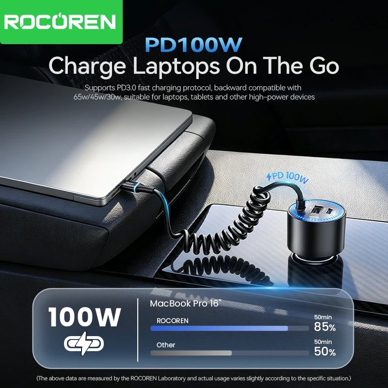 Coiled USB-C charging cable extended in a vehicle