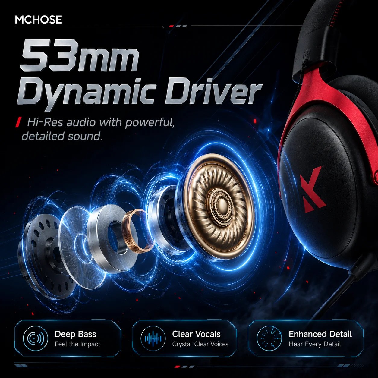 Gaming headset with 53 mm drivers and memory-foam earcups