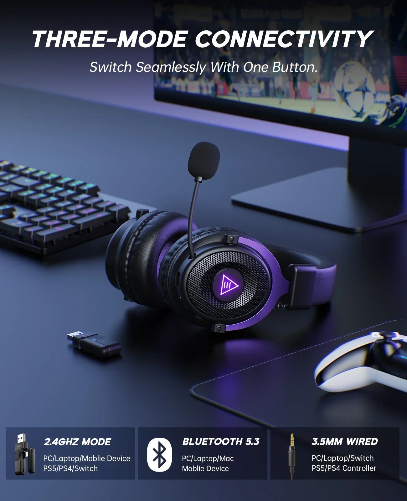 Black gaming headset with detachable microphone