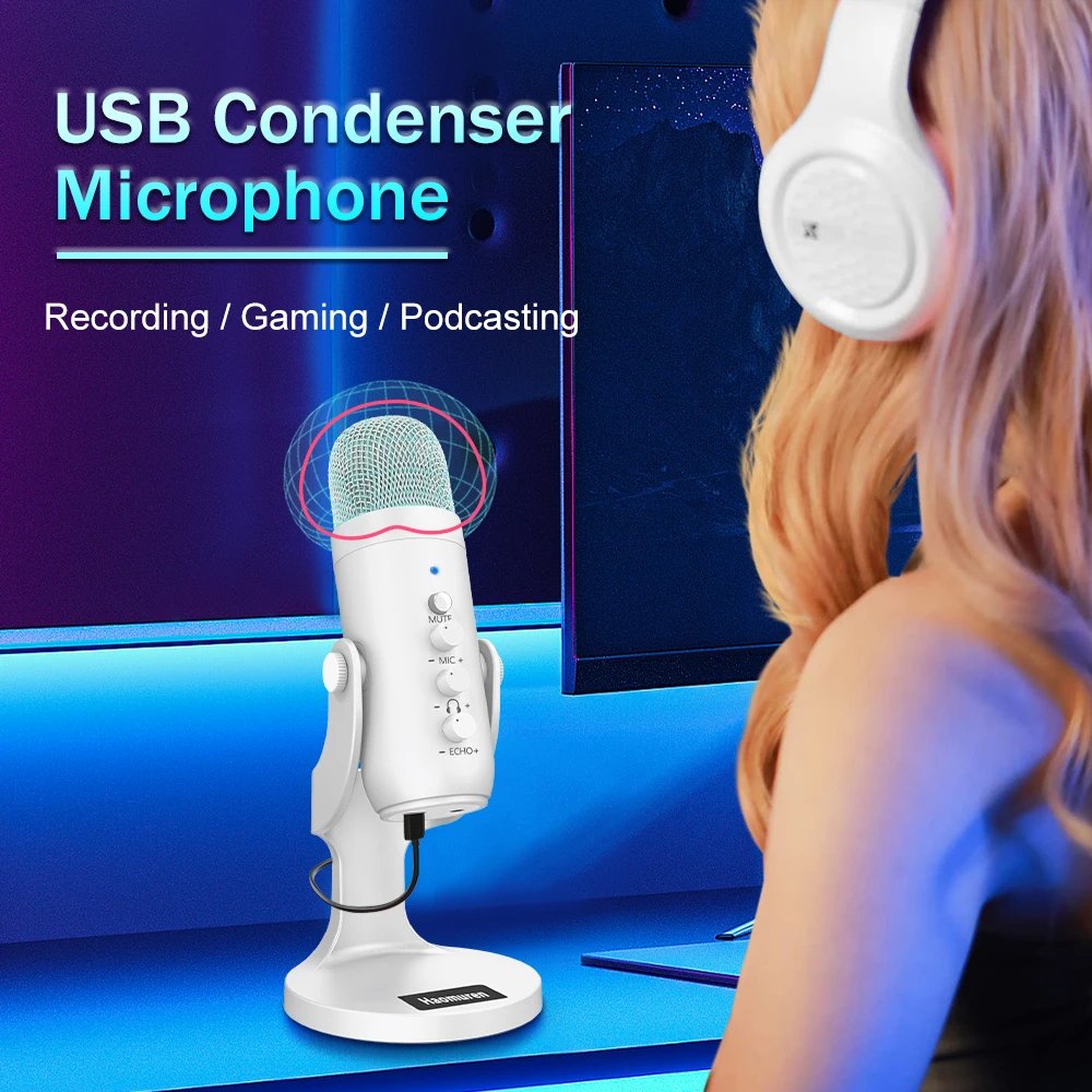 Mute volume and echo controls on white microphone