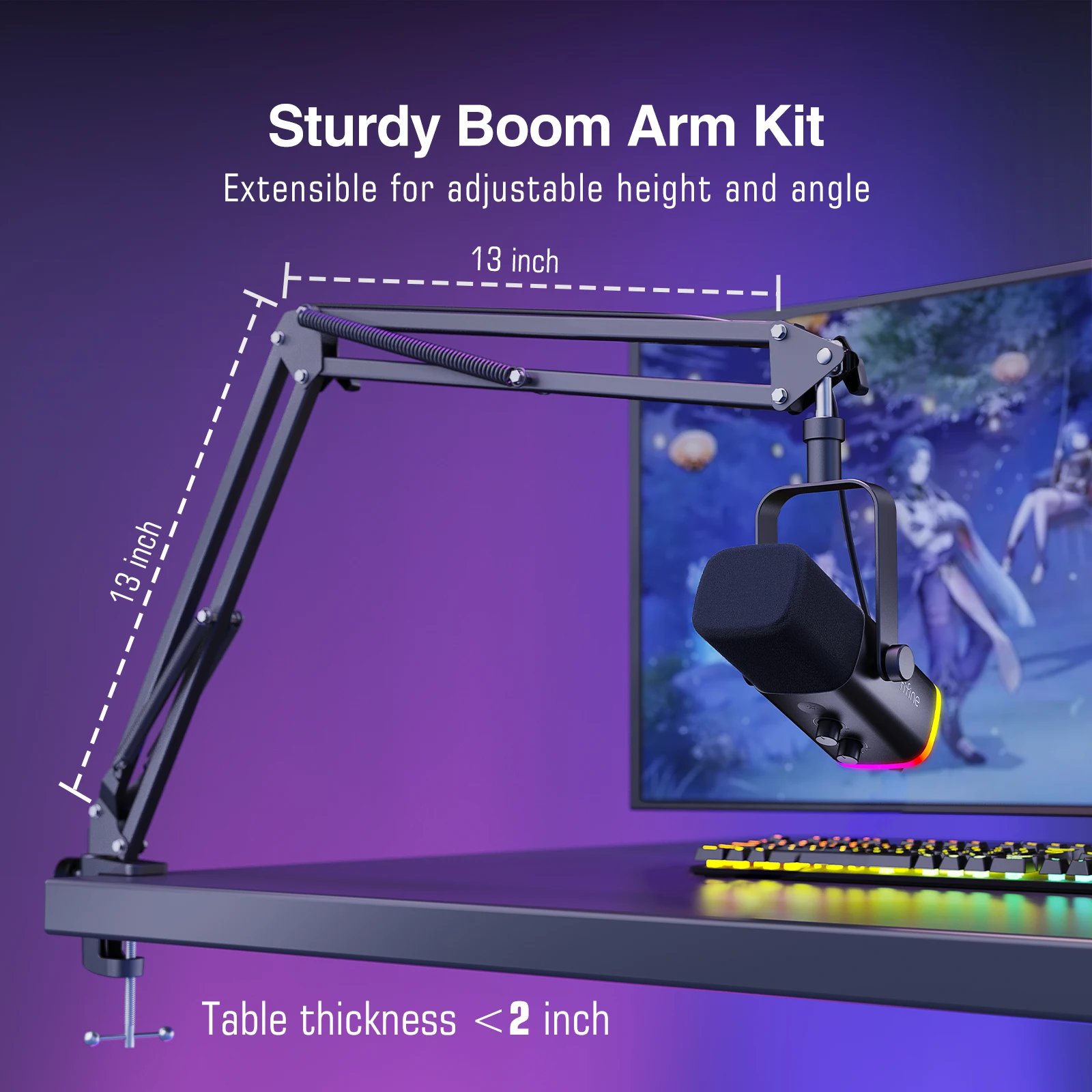 Dynamic cardioid microphone on adjustable boom arm