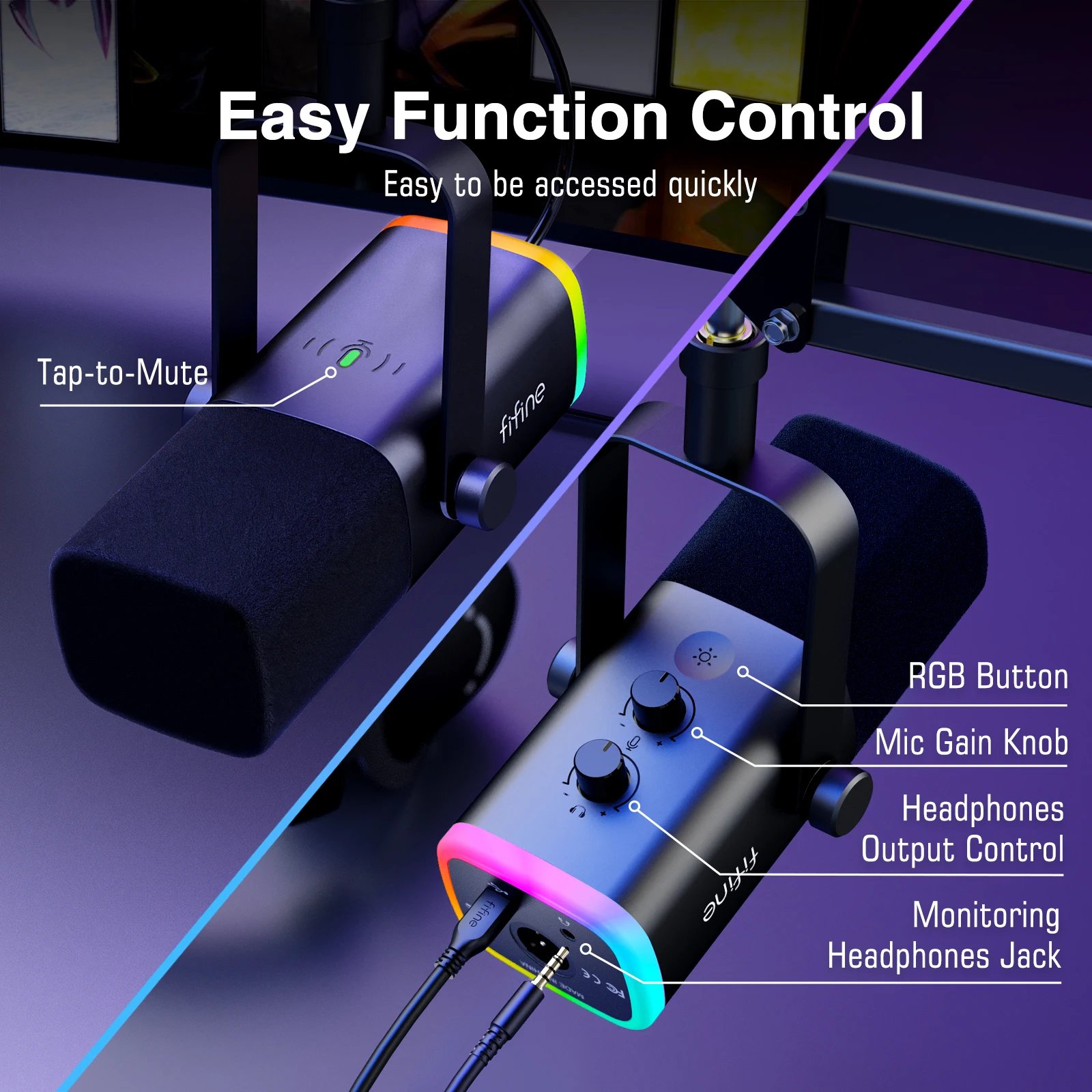 USB-C and XLR ports on dynamic microphone