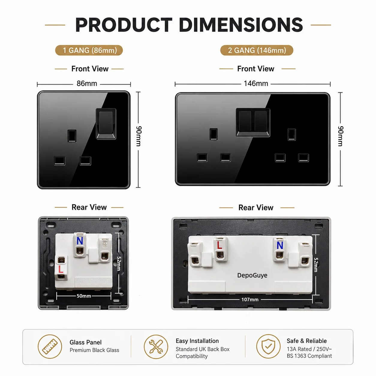 Tempered glass UK wall switch and socket gallery image 5