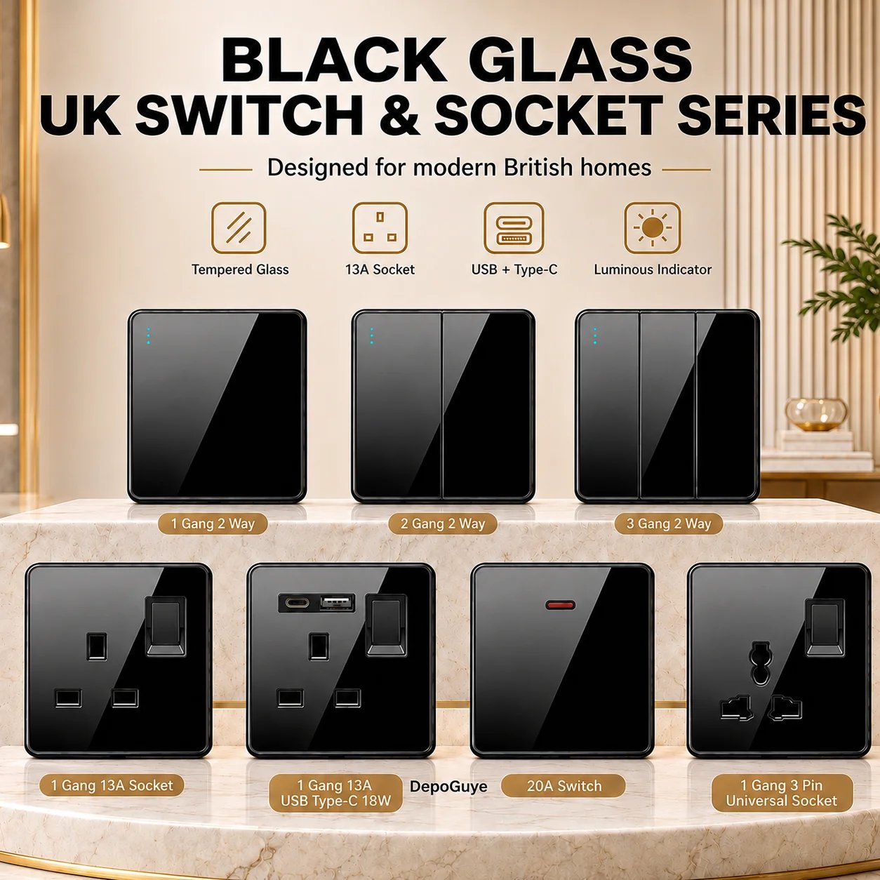 Tempered glass UK wall switch and socket gallery image 1