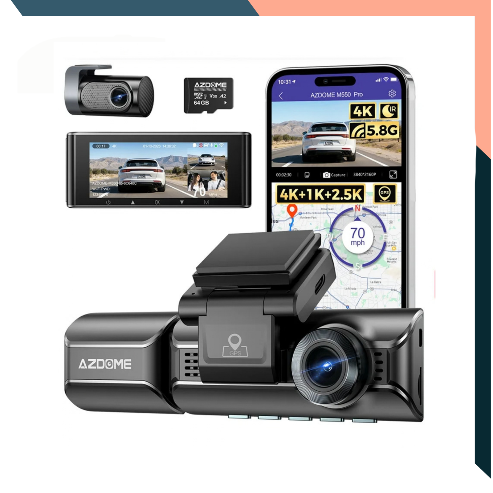 4K Three-Channel Dash Cam with Wi-Fi, GPS and IR Night Vision